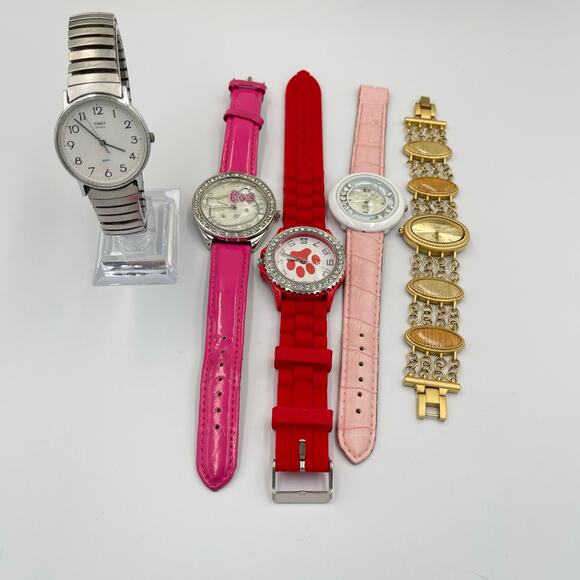 Lot of 5 Vintage Watches DOES NOT WORK Timex Hello Kitty 80s Pink Red Silver - Picture 1 of 5
